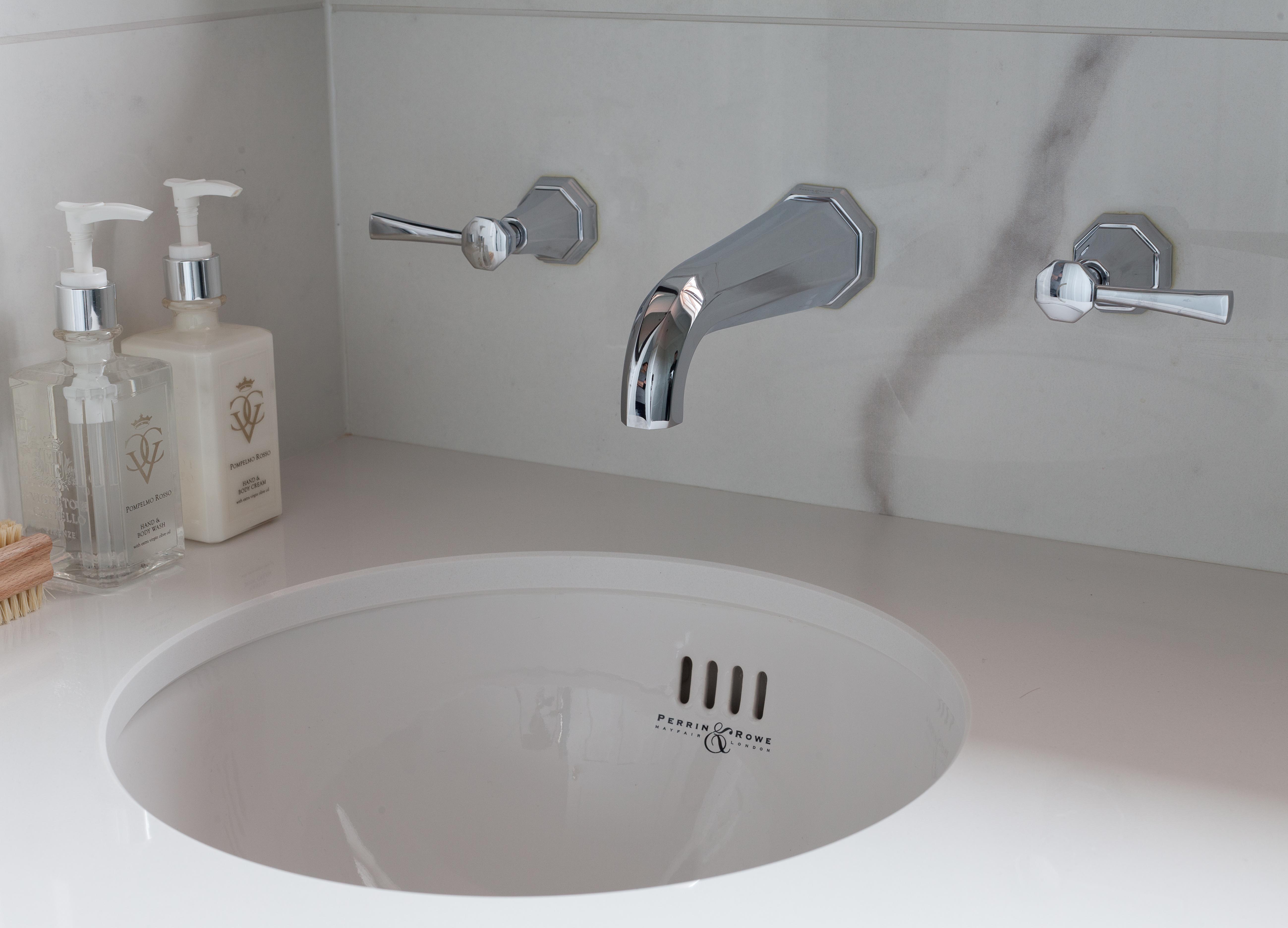 Deco Three-Hole Wall-Mounted Basin Mixer with Lever Handles - Chrome