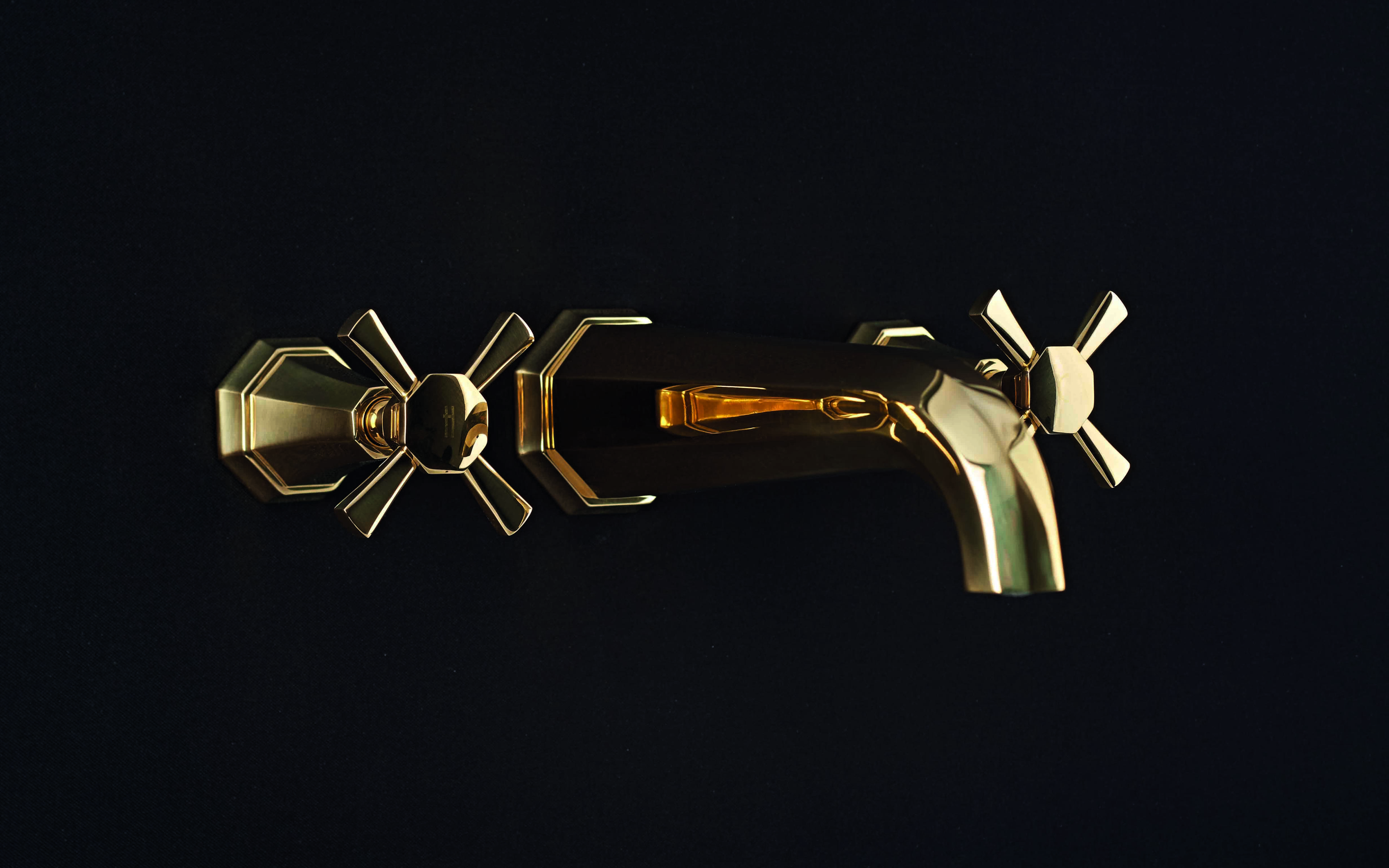 Deco Three-Hole Wall-Mounted Basin Mixer with Crosstop Handles - Gold